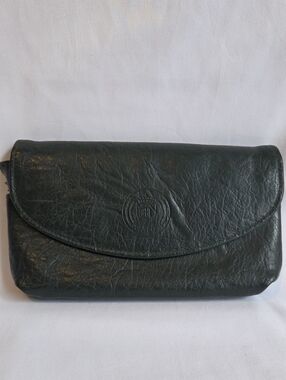 Dark Green Leather Clutch with Embossed Crest